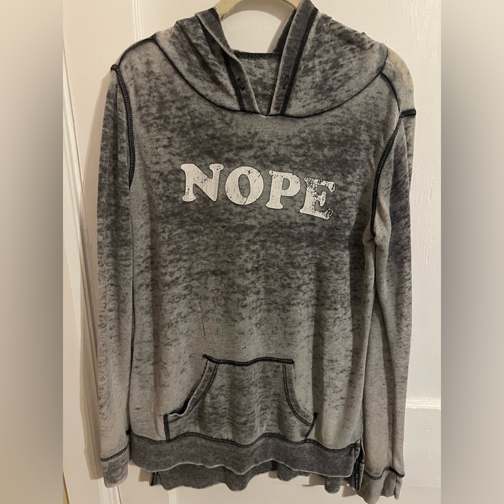 No Tags “Nope” Distressed Grey Graphic Hoodie Fits Med-Large Very Thin Material
